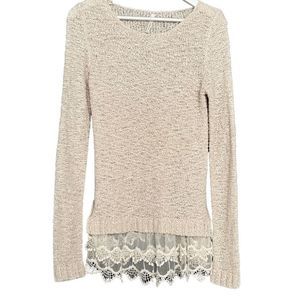 Kate Collection Tight Knit Lightweight Oatmeal Lace & Crochet  Sweater Size S/M